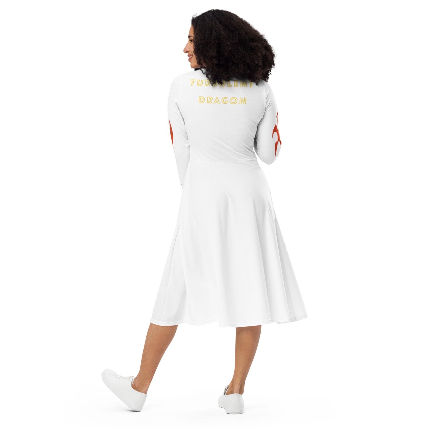 Vestido midi de manga comprida com impressão all-over
