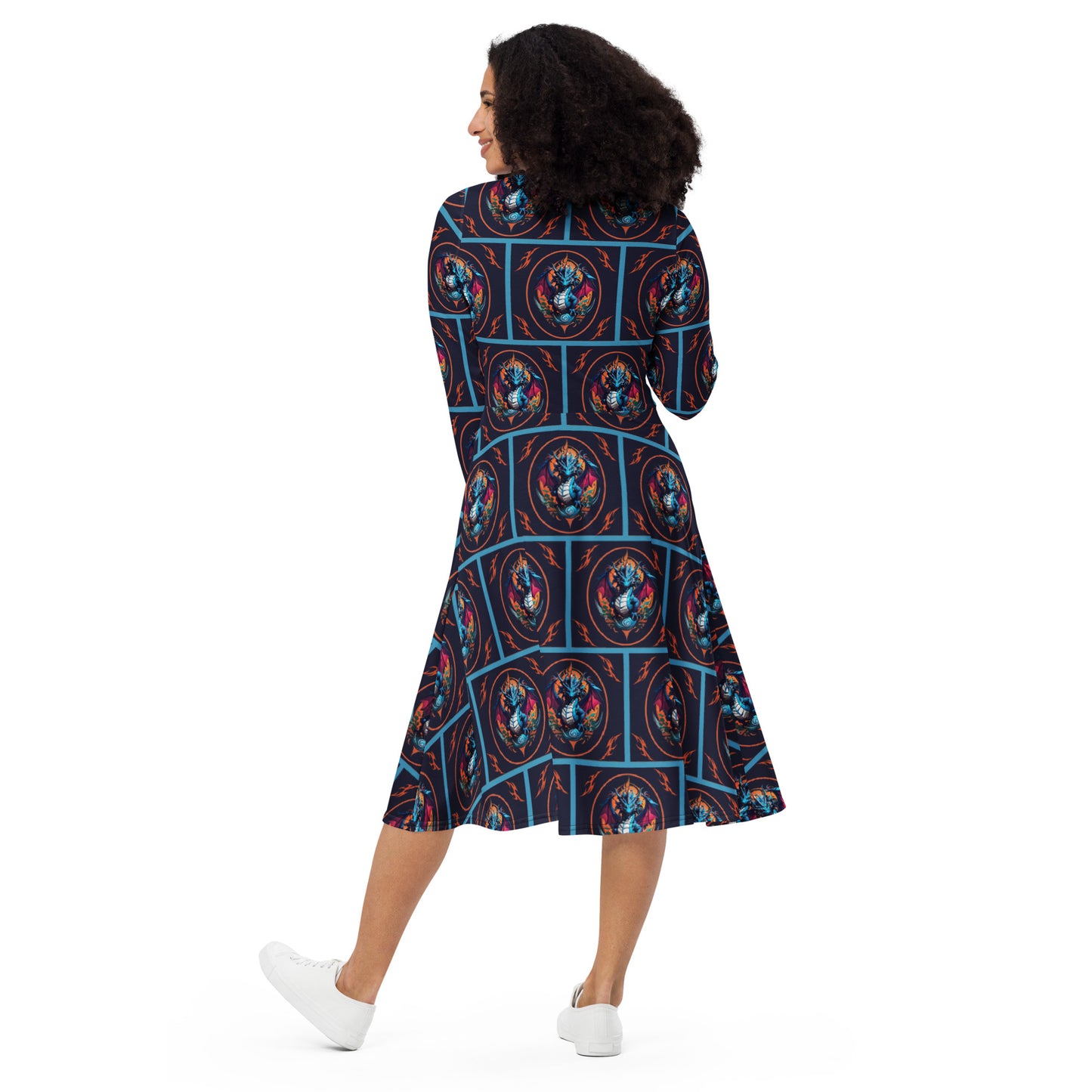 Vestido midi de manga comprida com impressão all-over