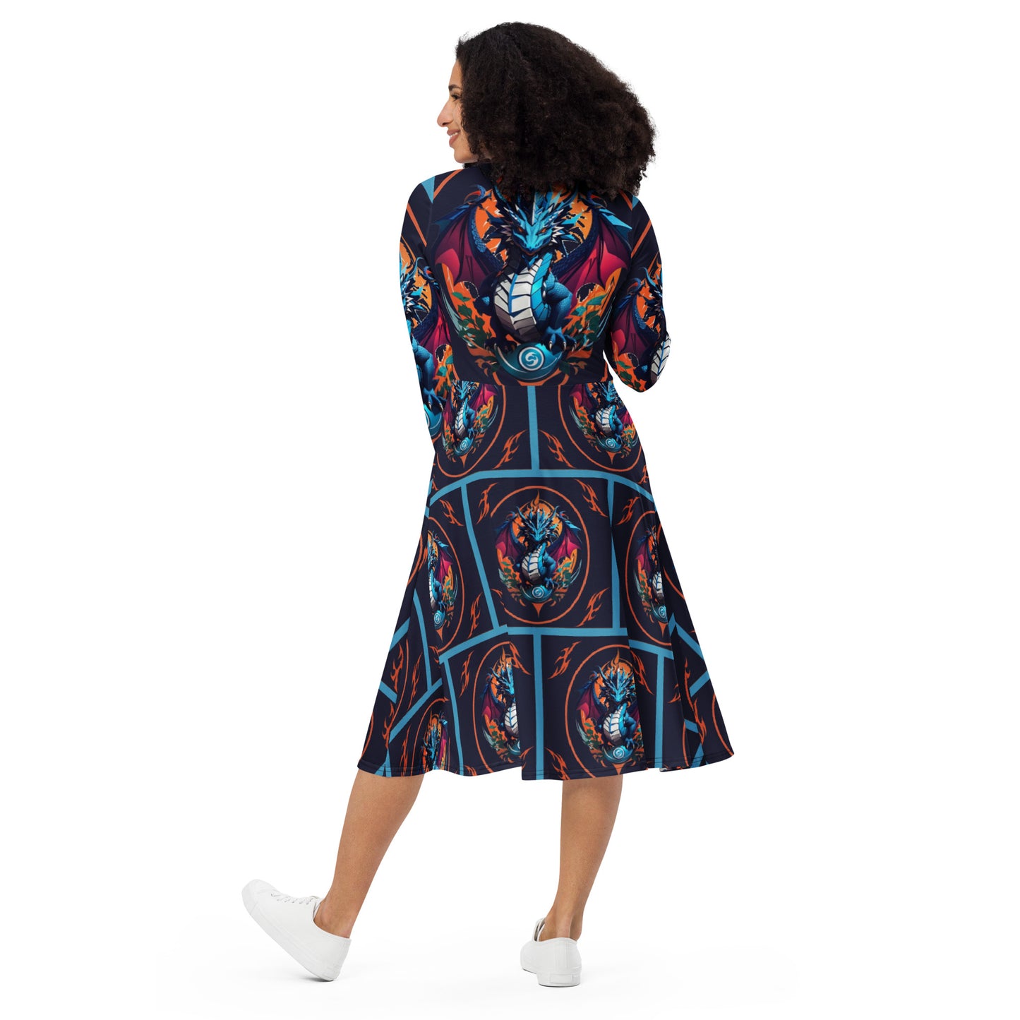 Vestido midi de manga comprida com impressão all-over