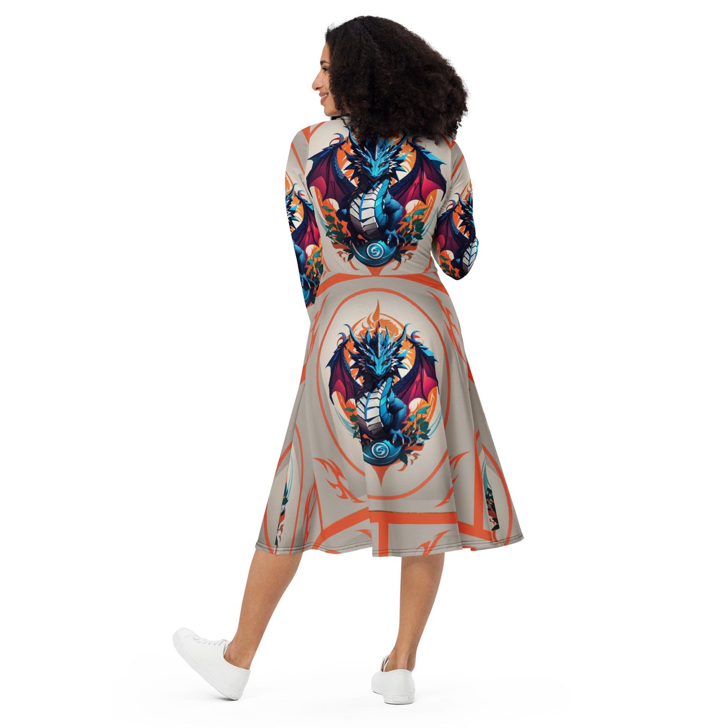 Vestido midi de manga comprida com impressão all-over