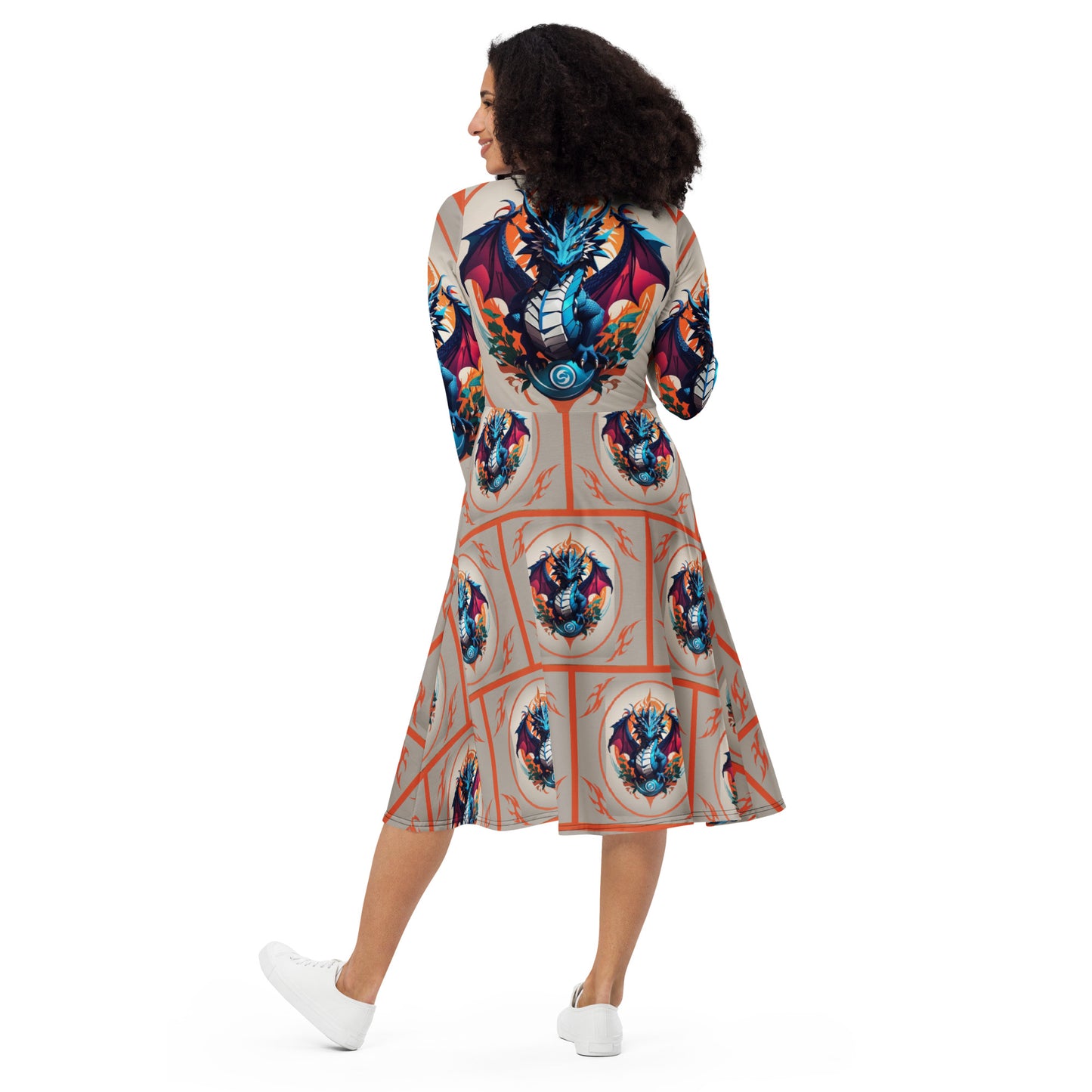 Vestido midi de manga comprida com impressão all-over