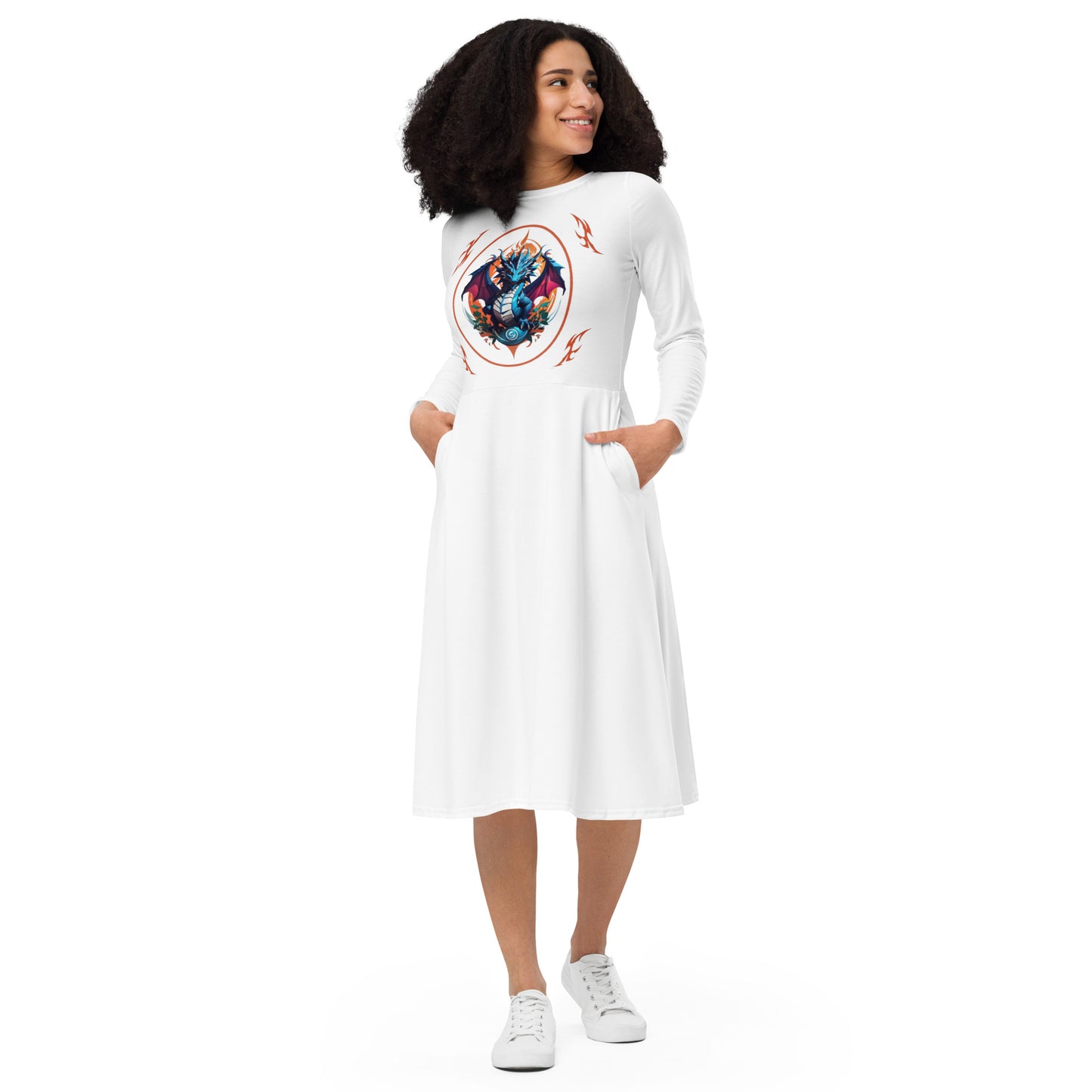 Vestido midi de manga comprida com impressão all-over