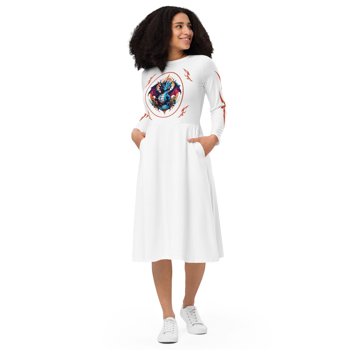 Vestido midi de manga comprida com impressão all-over
