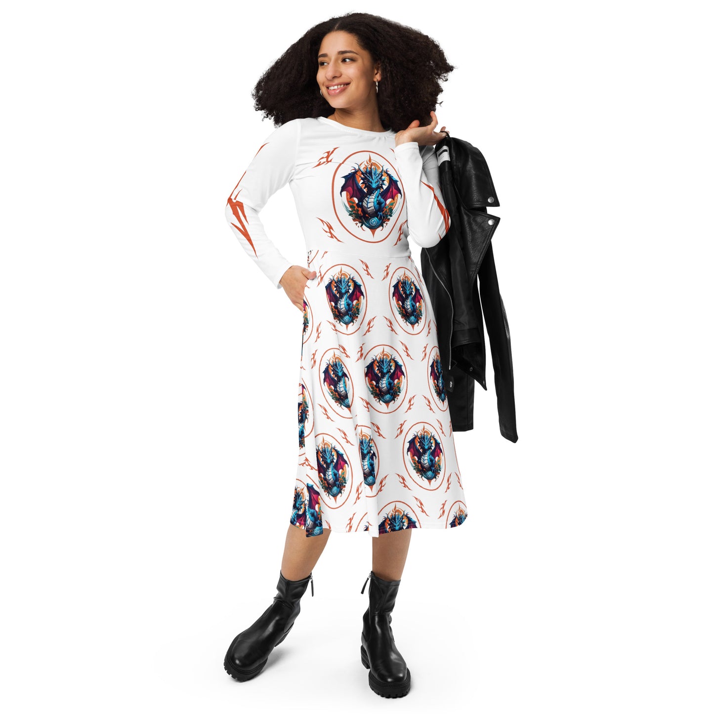 Vestido midi de manga comprida com impressão all-over