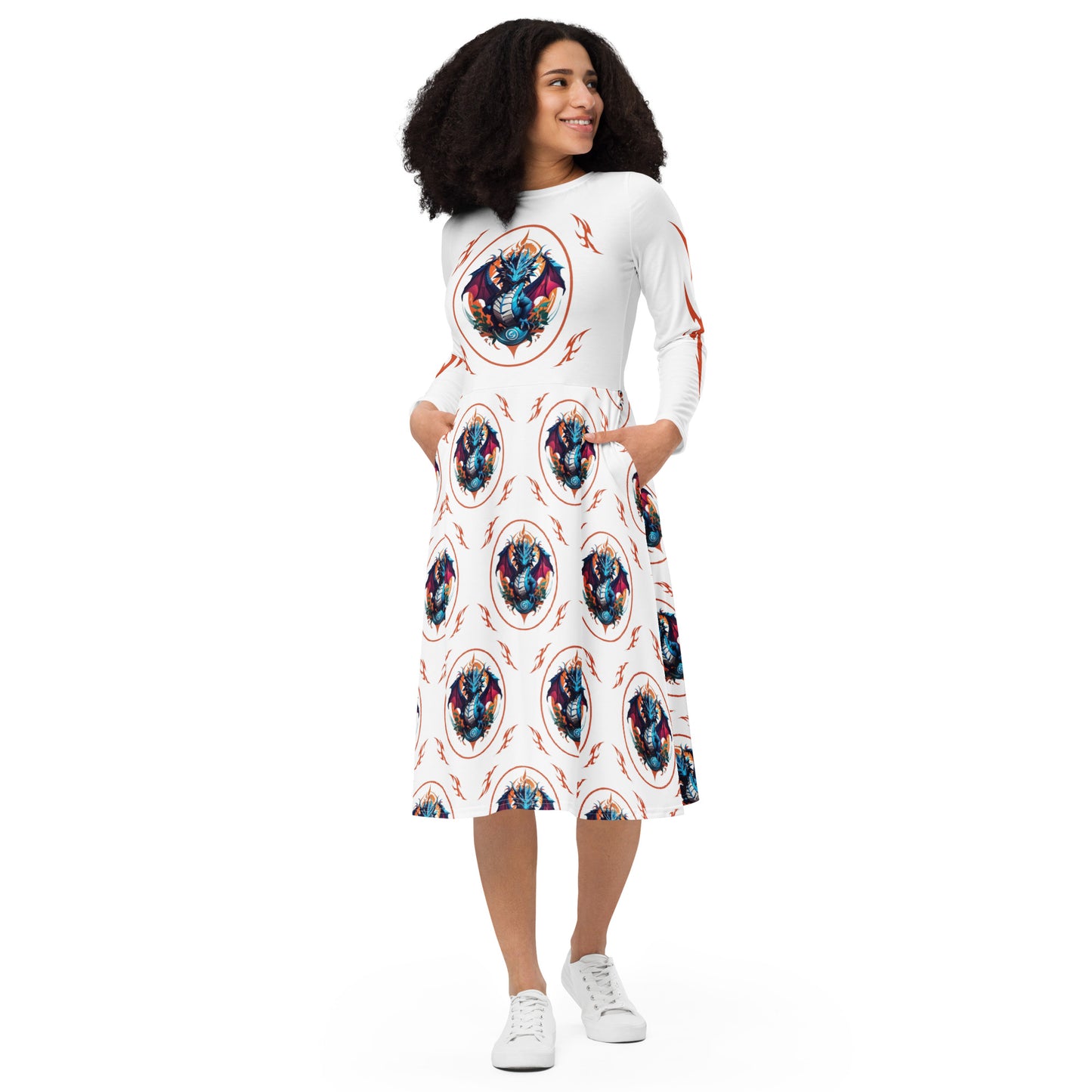 Vestido midi de manga comprida com impressão all-over
