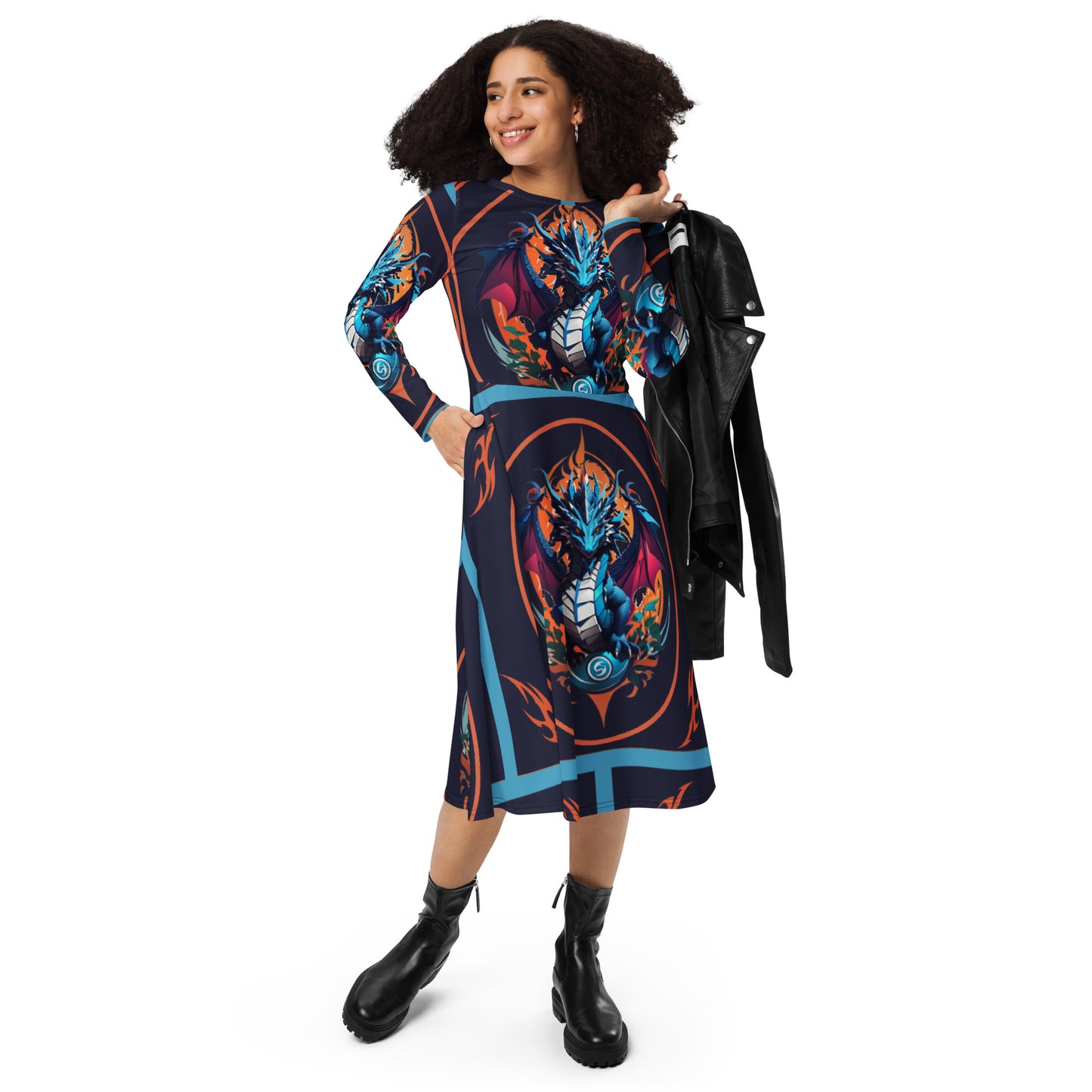 Vestido midi de manga comprida com impressão all-over
