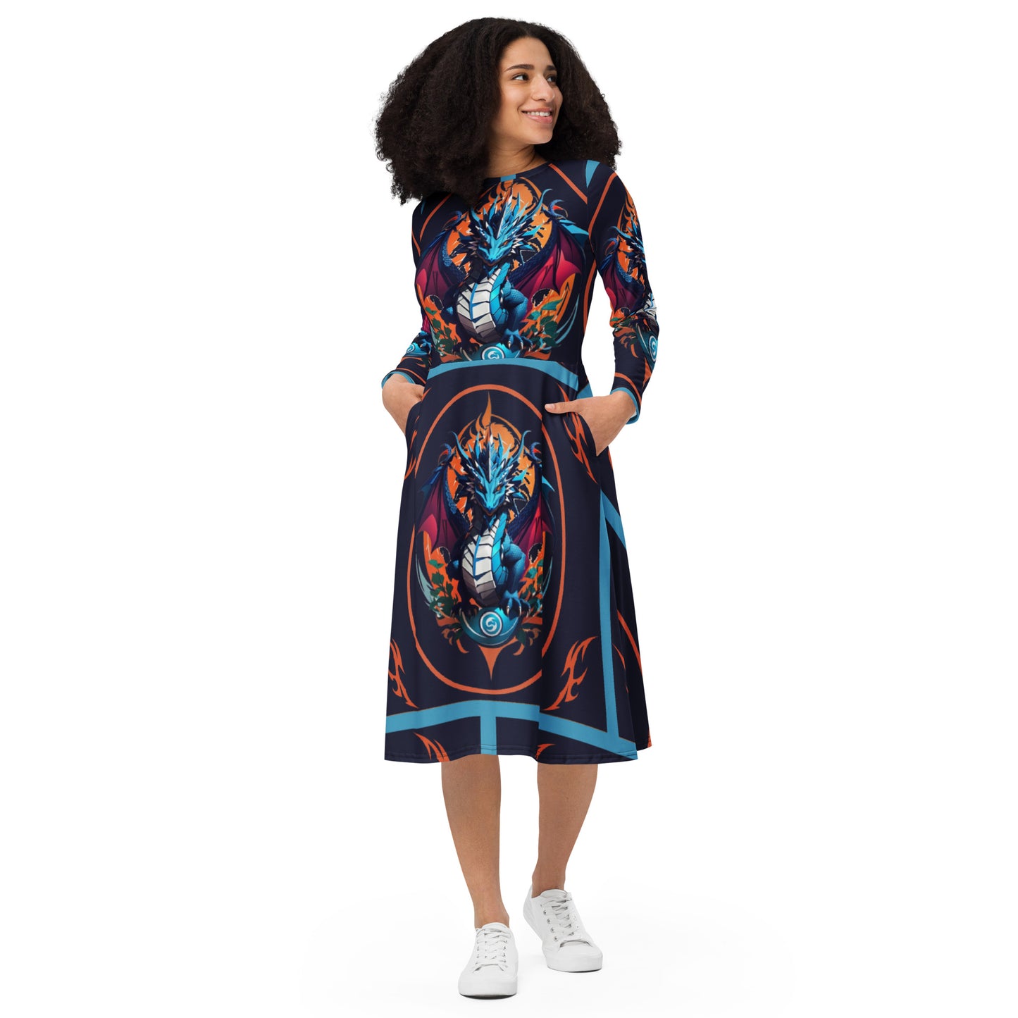 Vestido midi de manga comprida com impressão all-over