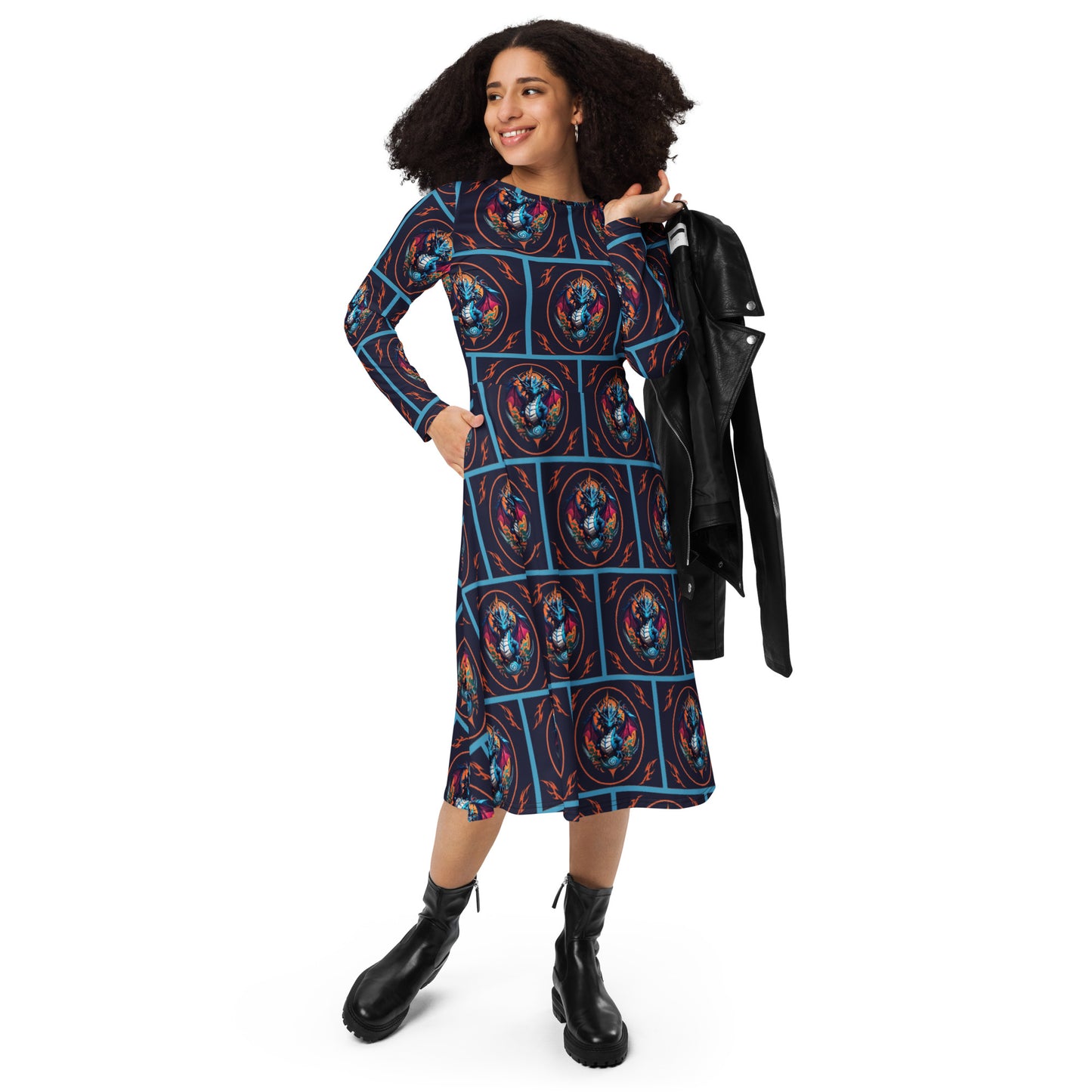 Vestido midi de manga comprida com impressão all-over