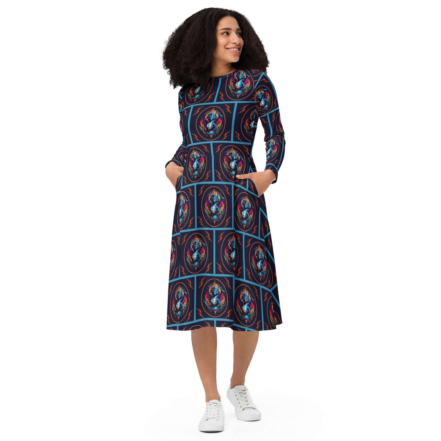 Vestido midi de manga comprida com impressão all-over