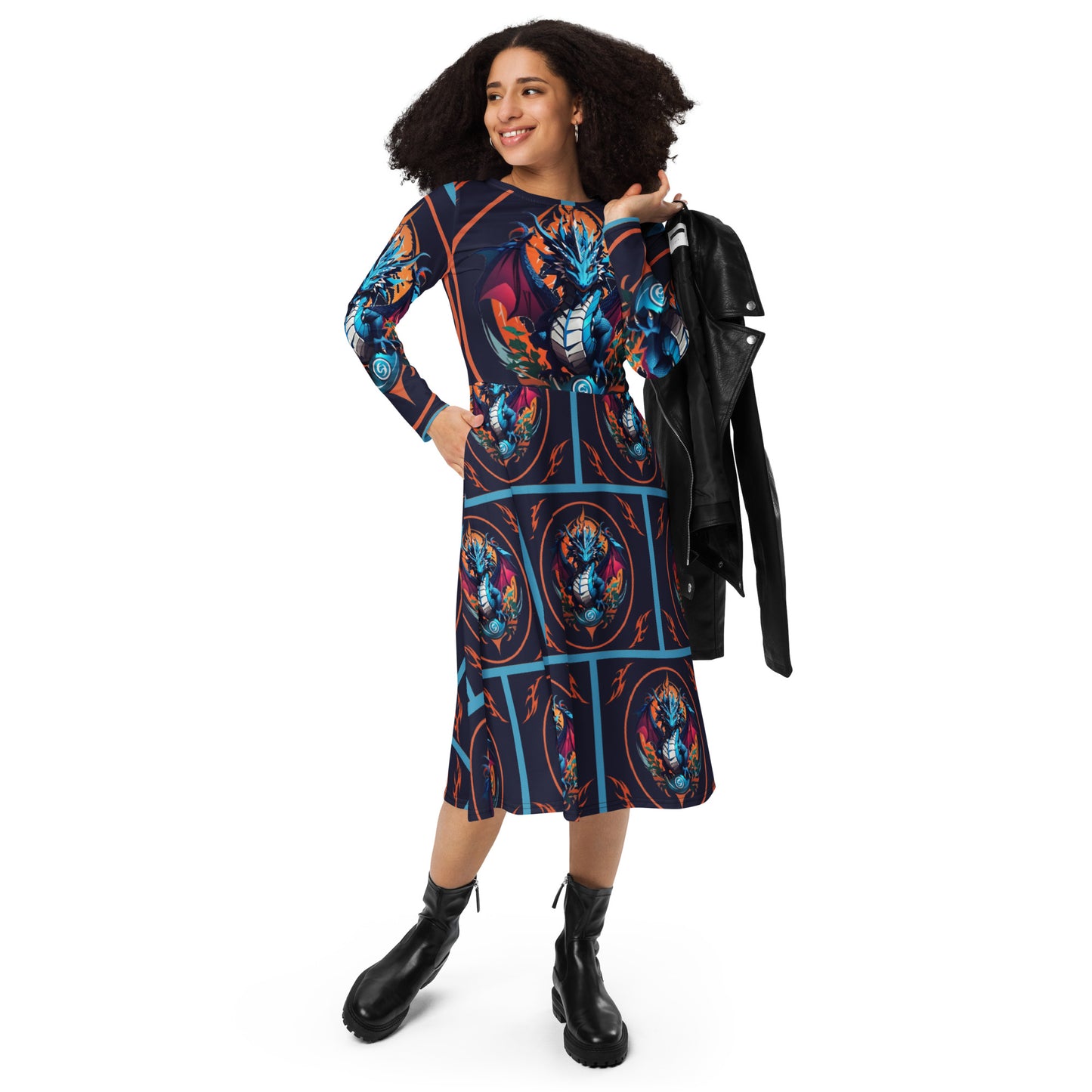 Vestido midi de manga comprida com impressão all-over