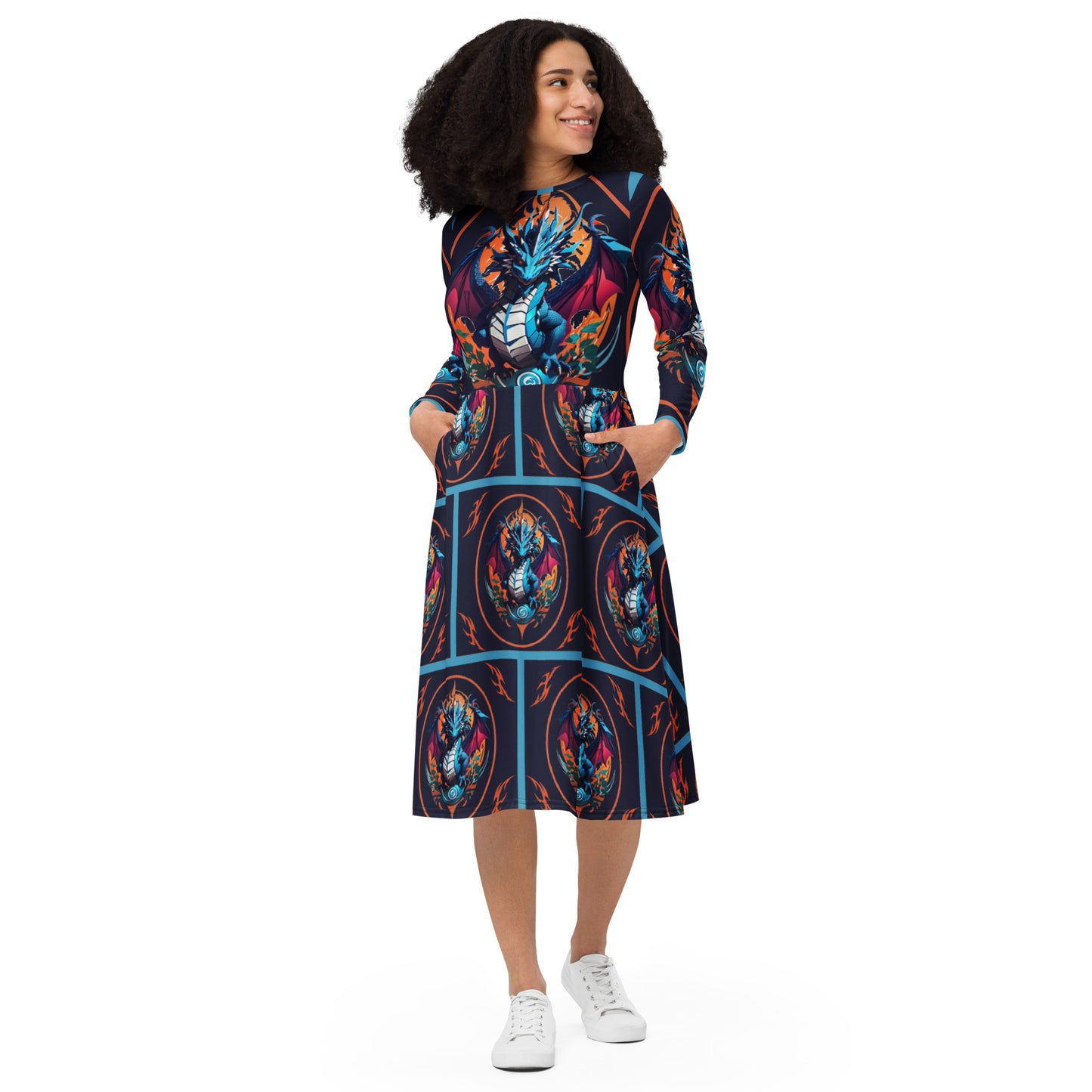 Vestido midi de manga comprida com impressão all-over