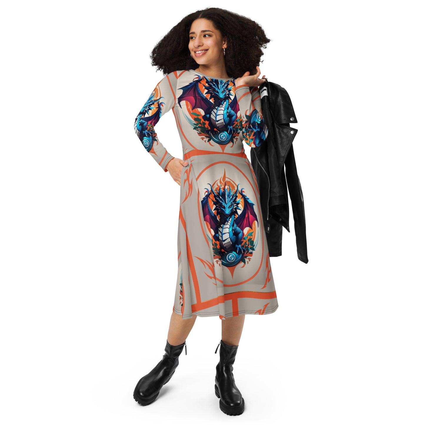 Vestido midi de manga comprida com impressão all-over