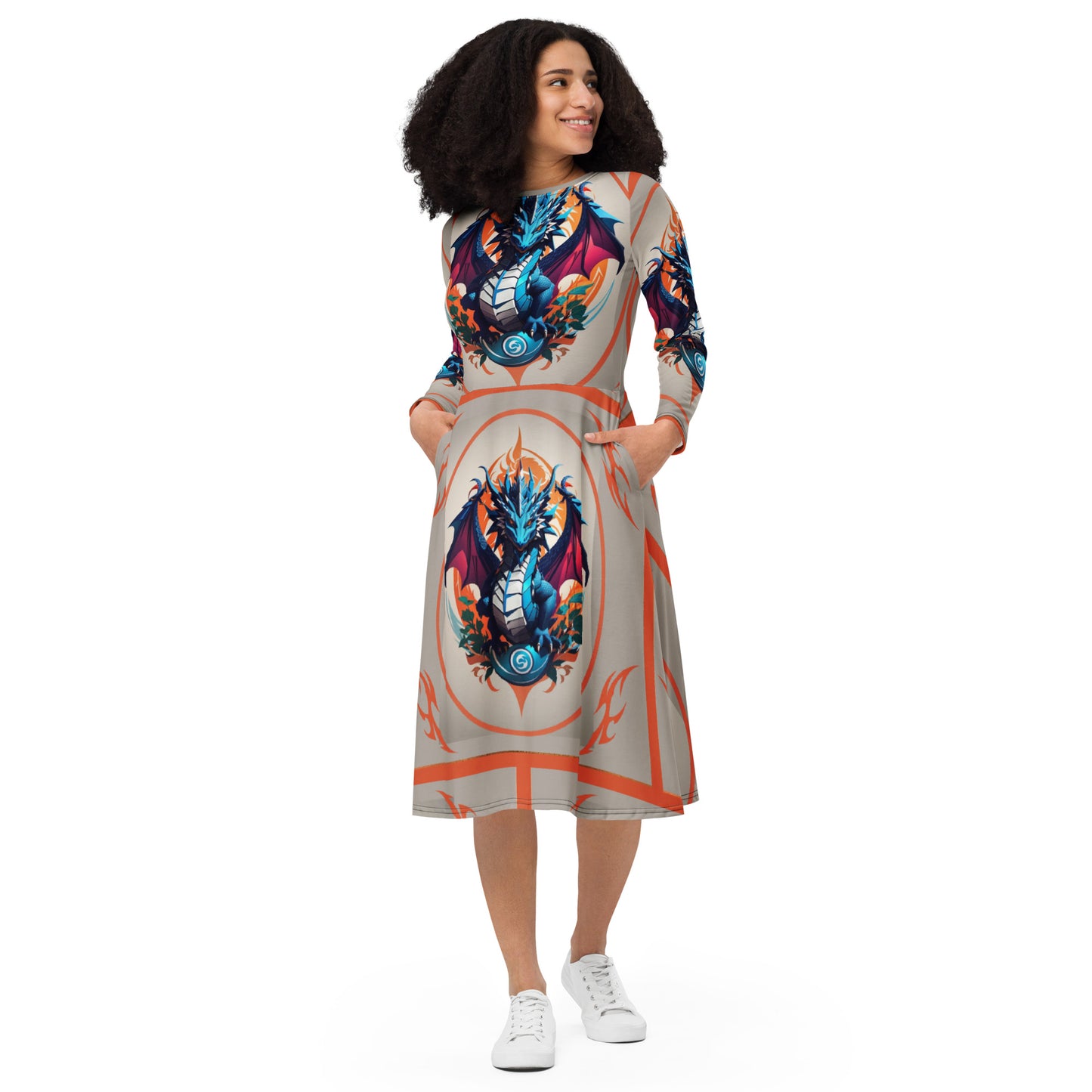 Vestido midi de manga comprida com impressão all-over