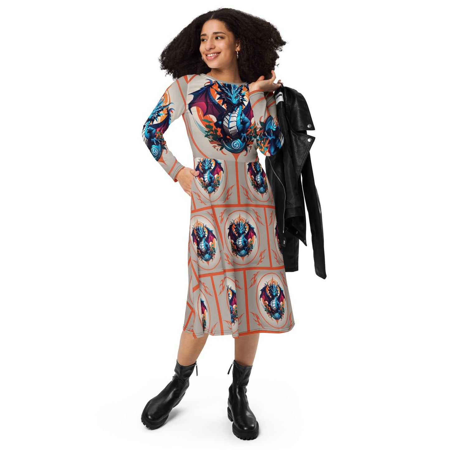 Vestido midi de manga comprida com impressão all-over