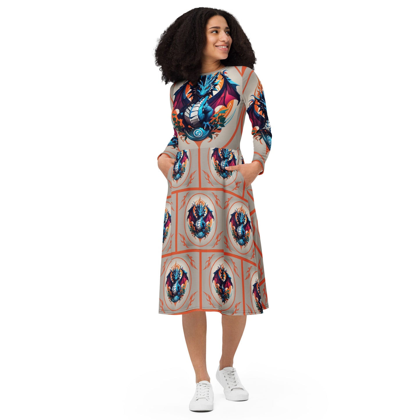 Vestido midi de manga comprida com impressão all-over