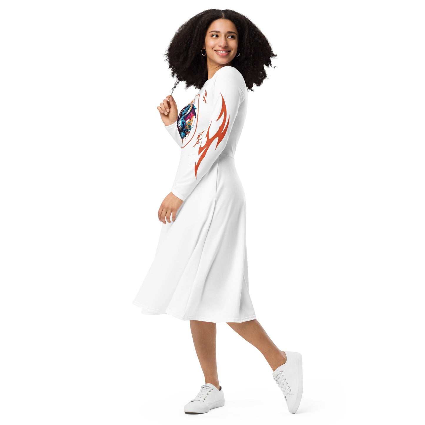 Vestido midi de manga comprida com impressão all-over