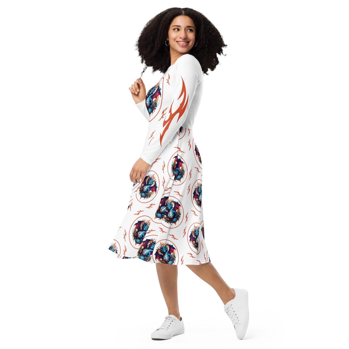 Vestido midi de manga comprida com impressão all-over