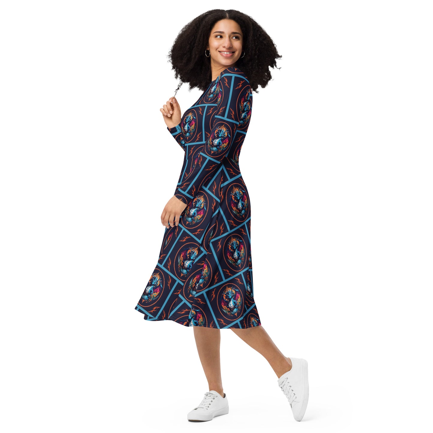 Vestido midi de manga comprida com impressão all-over