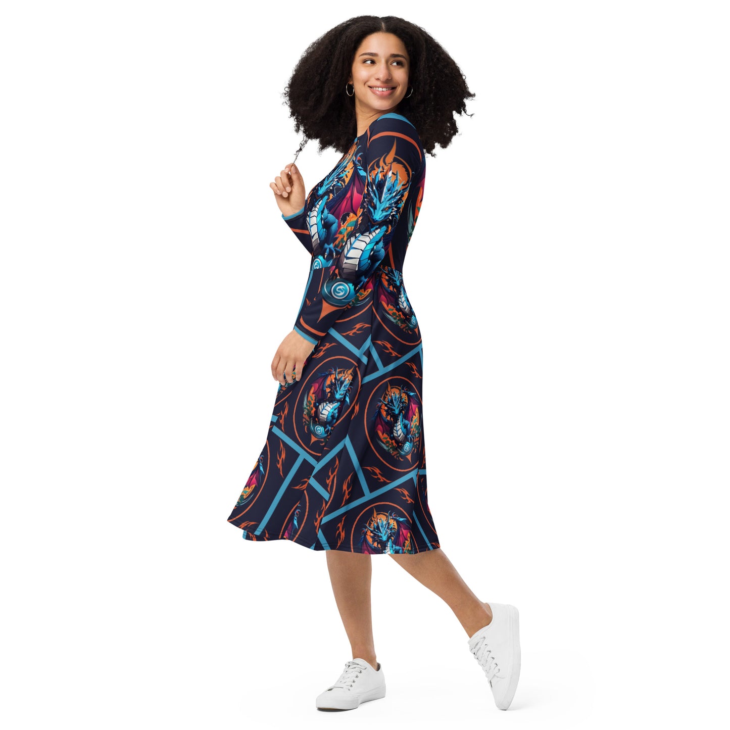 Vestido midi de manga comprida com impressão all-over