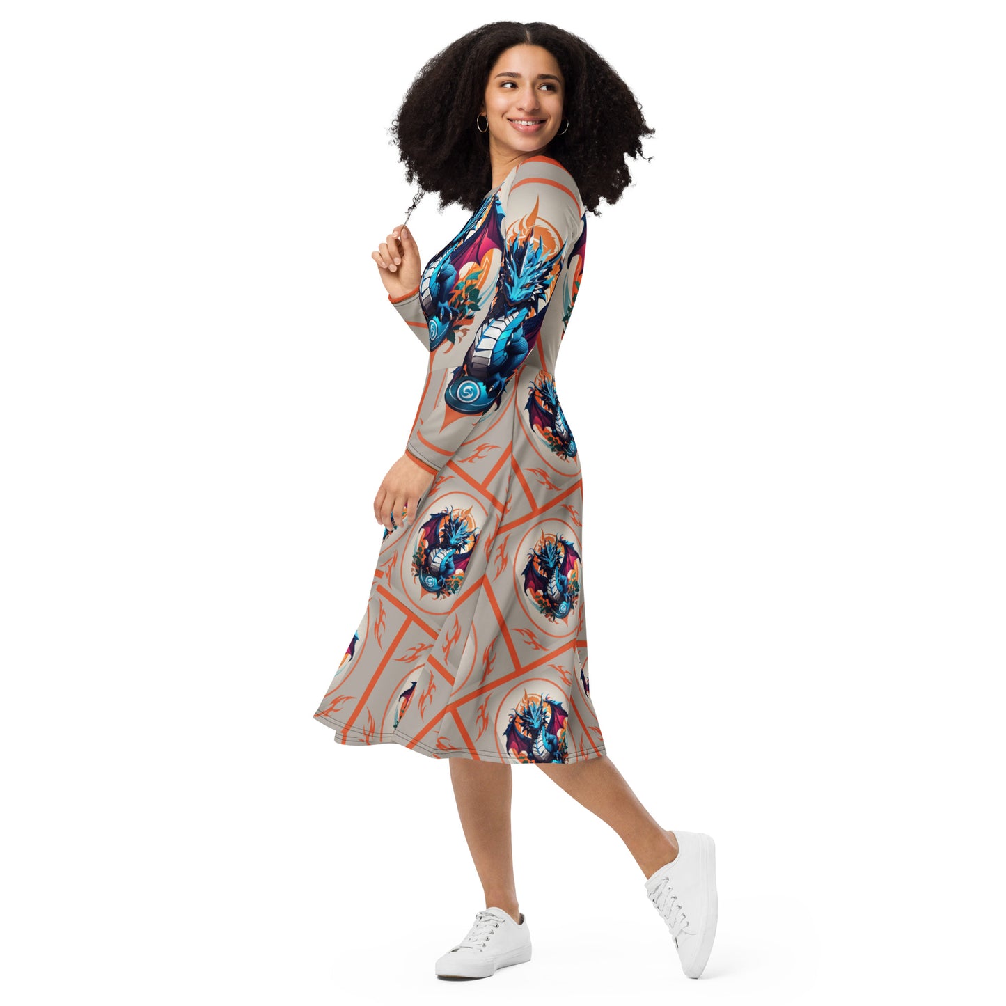 Vestido midi de manga comprida com impressão all-over