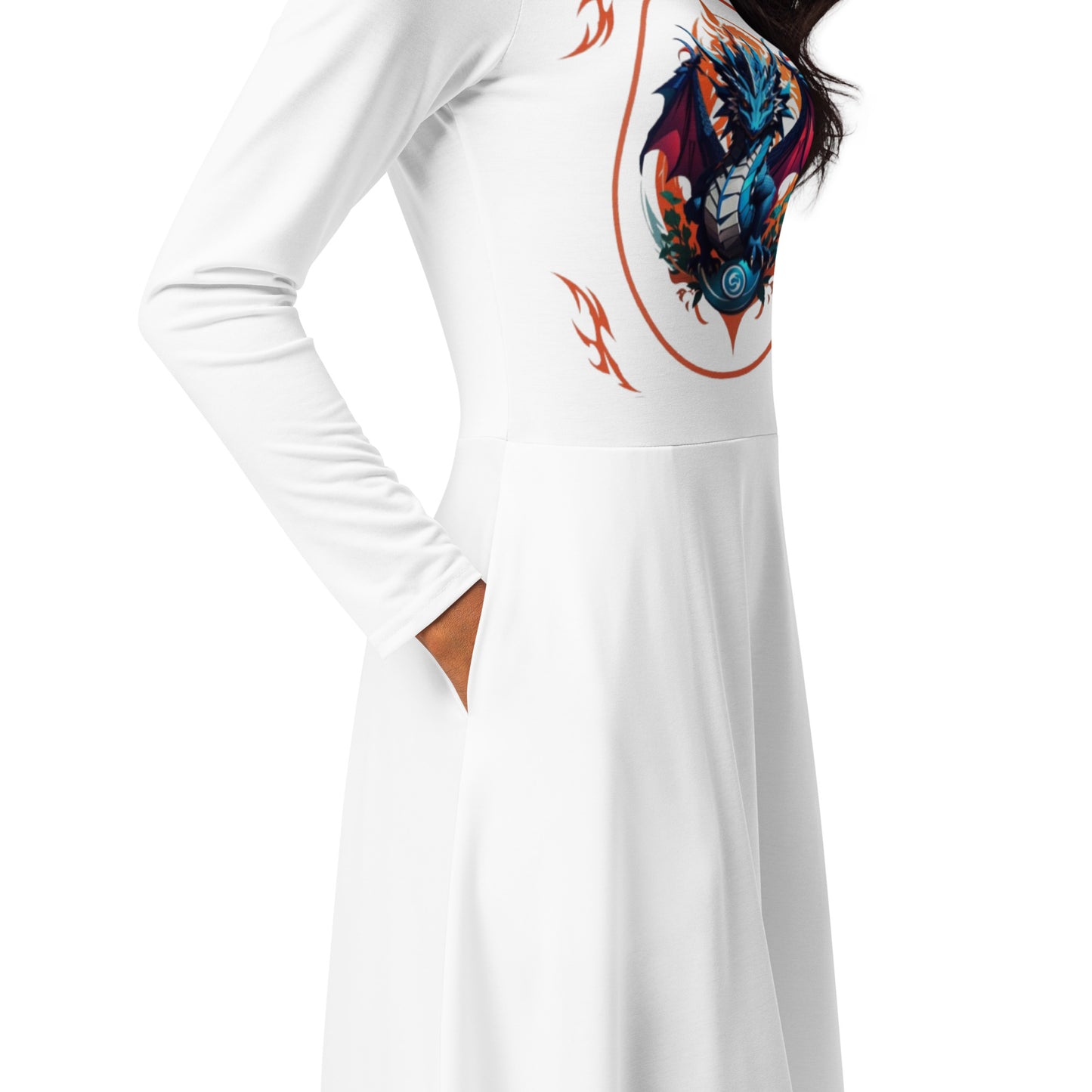 Vestido midi de manga comprida com impressão all-over