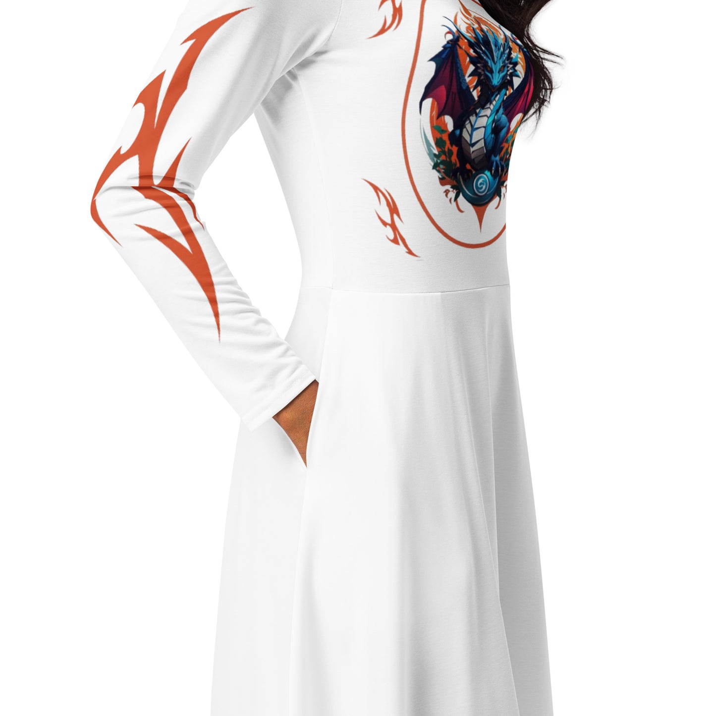 Vestido midi de manga comprida com impressão all-over