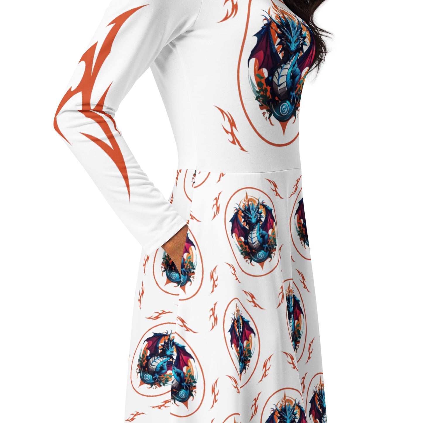 Vestido midi de manga comprida com impressão all-over