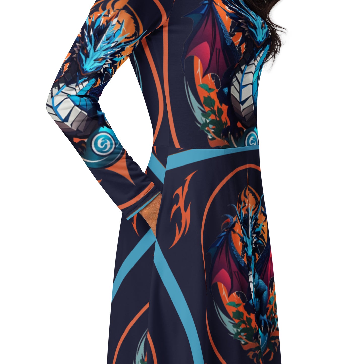 Vestido midi de manga comprida com impressão all-over