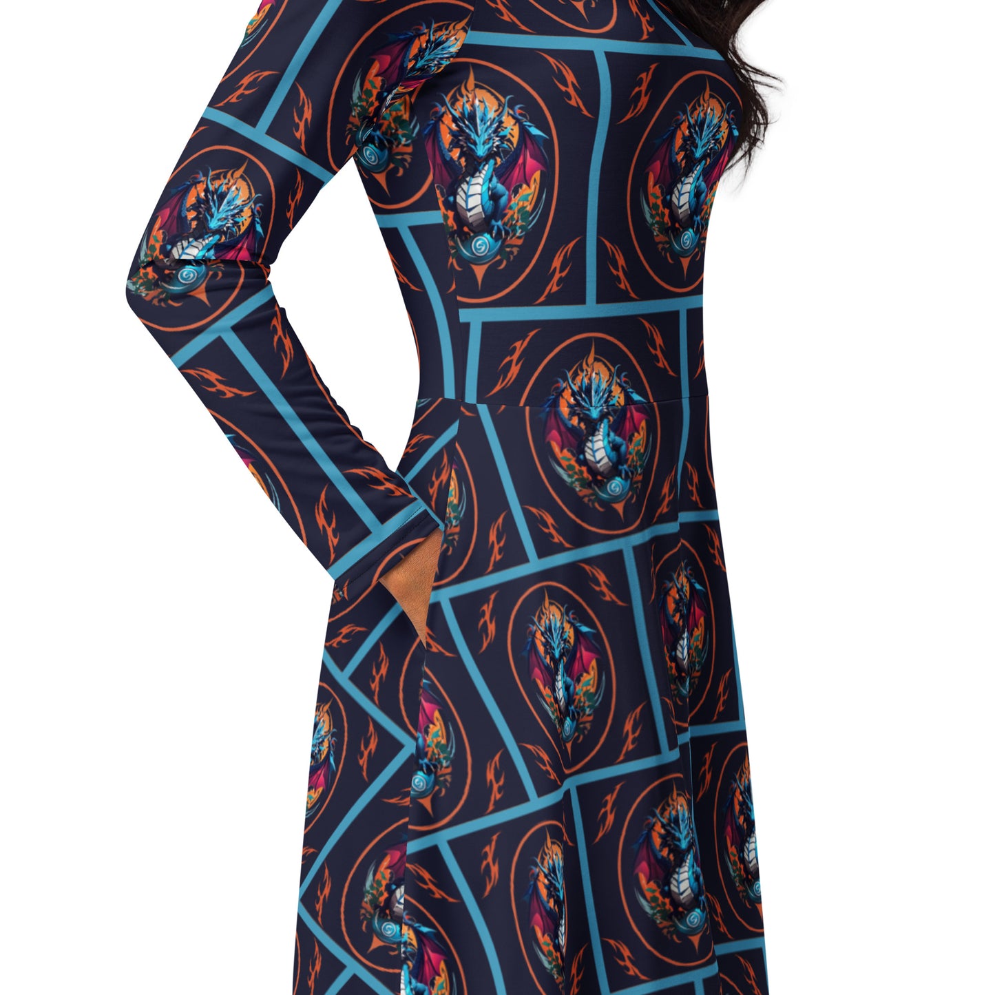 Vestido midi de manga comprida com impressão all-over