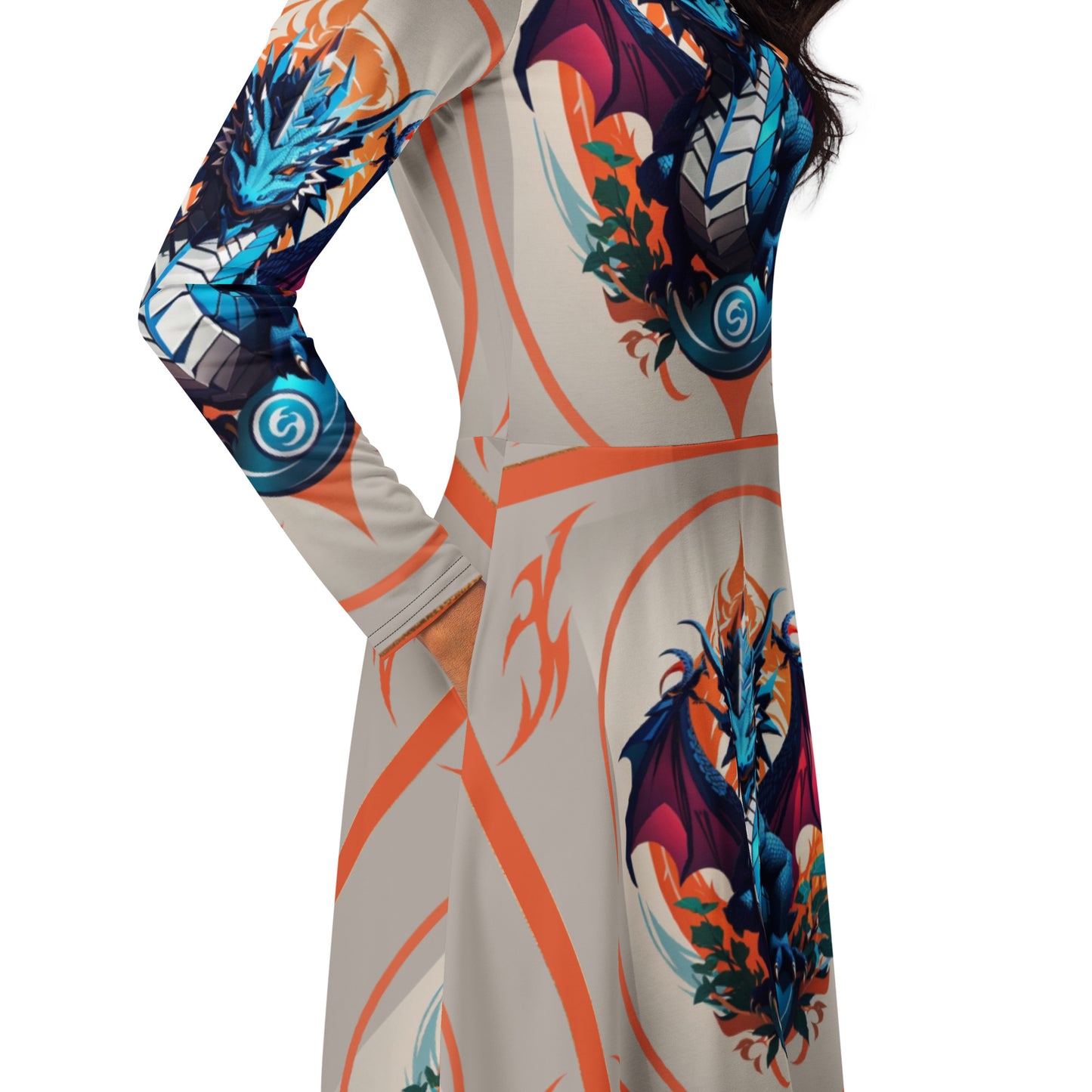 Vestido midi de manga comprida com impressão all-over