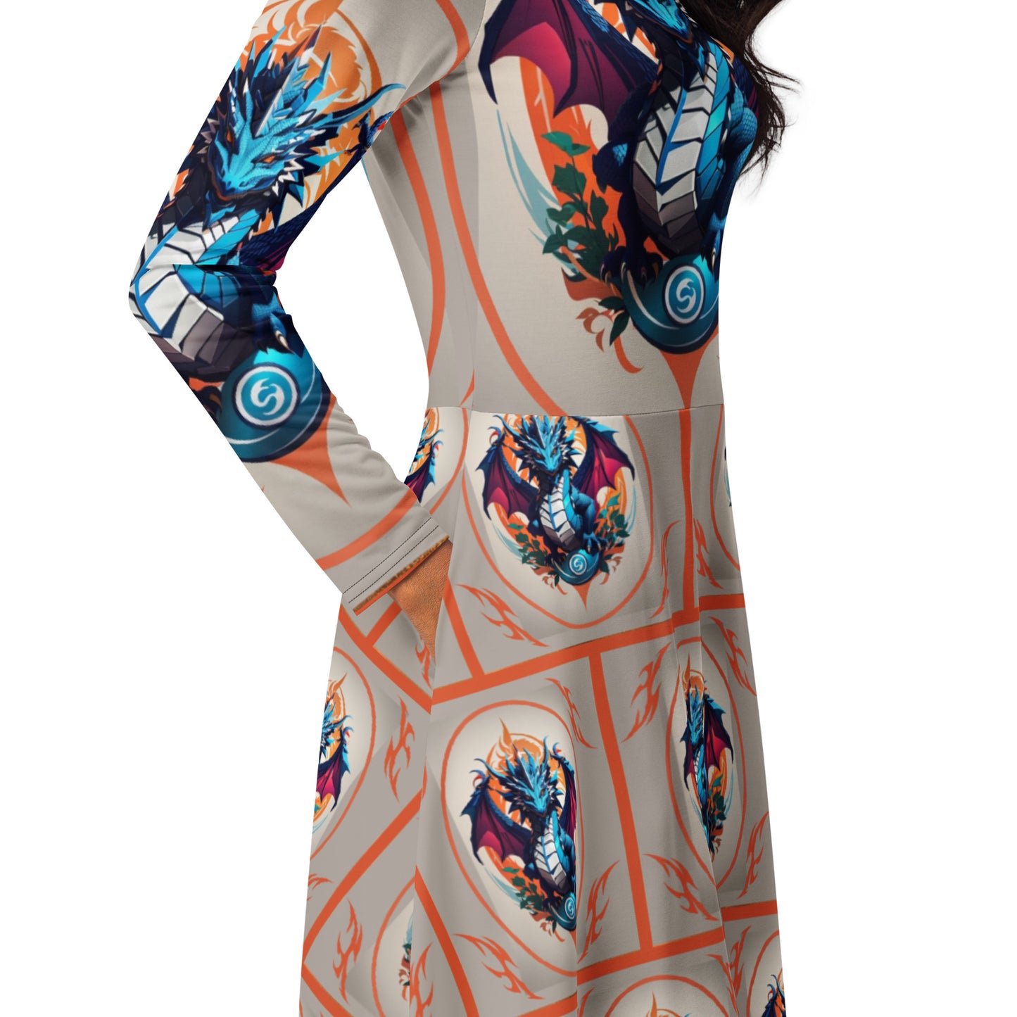 Vestido midi de manga comprida com impressão all-over