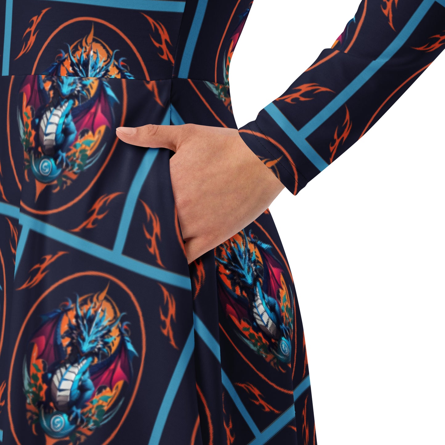 Vestido midi de manga comprida com impressão all-over