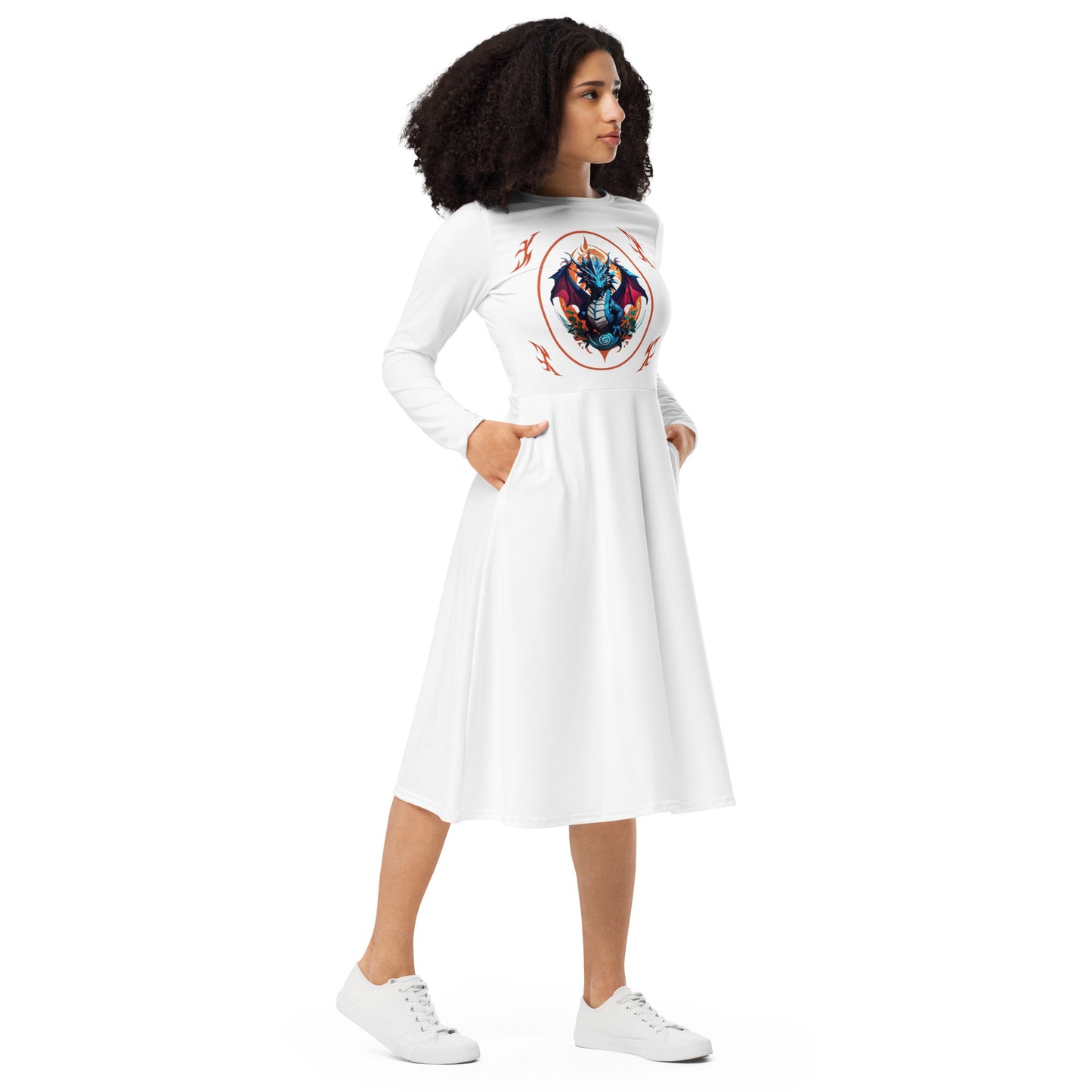 Vestido midi de manga comprida com impressão all-over