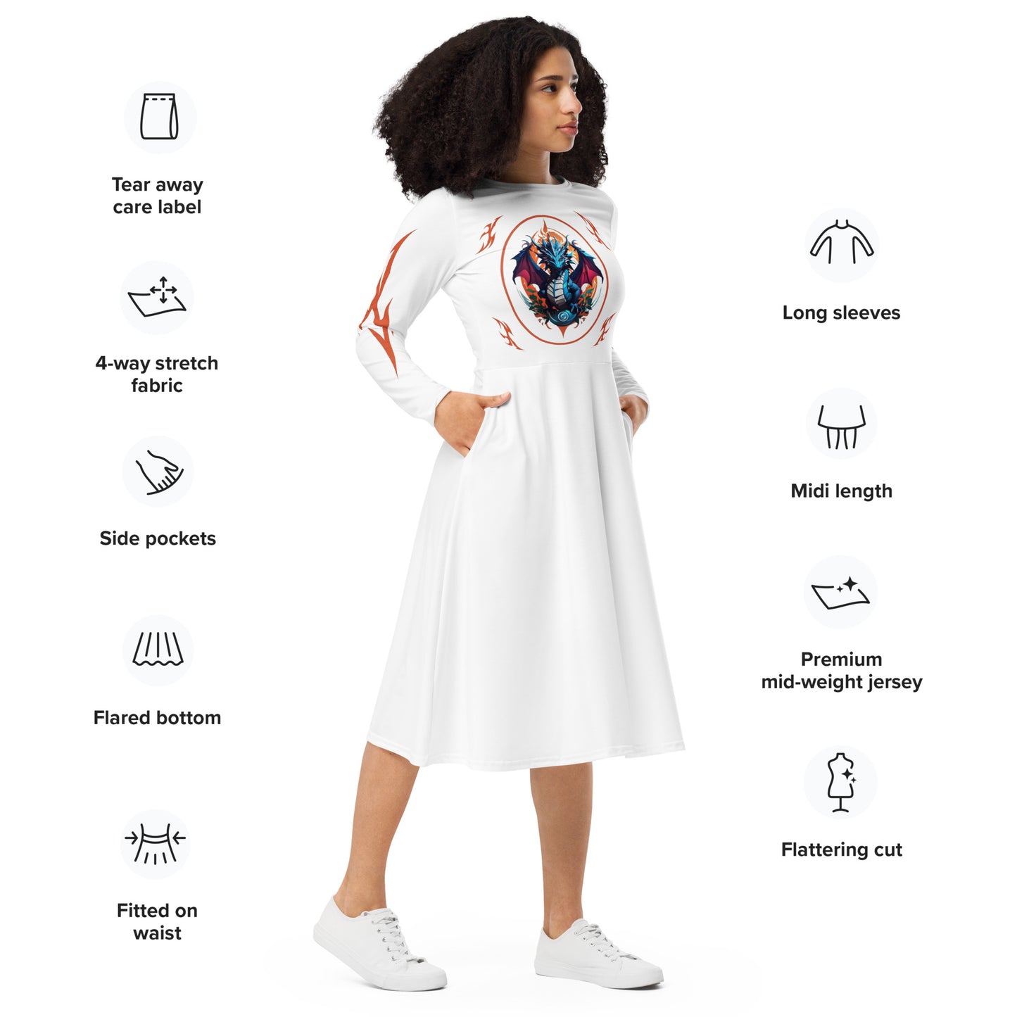 Vestido midi de manga comprida com impressão all-over