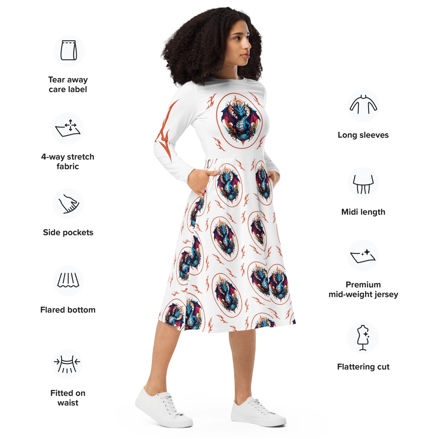 Vestido midi de manga comprida com impressão all-over