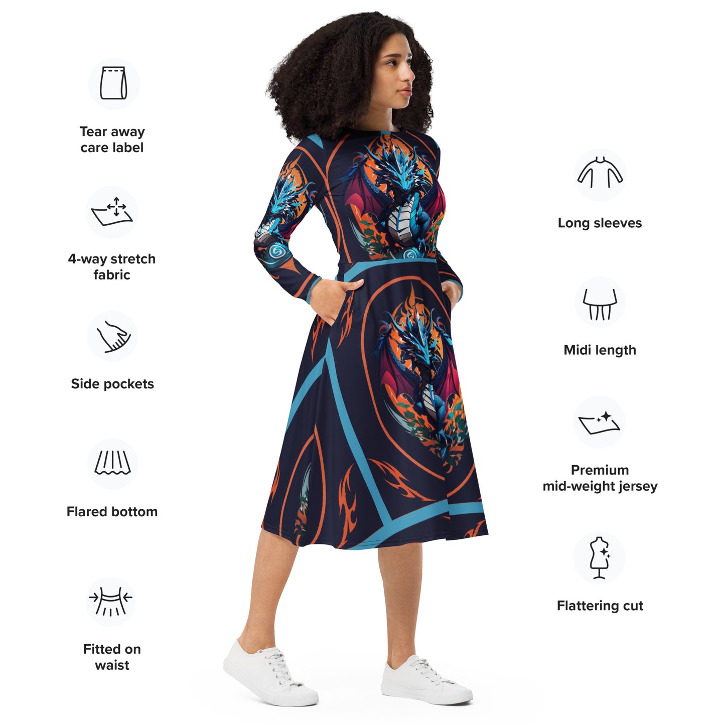Vestido midi de manga comprida com impressão all-over