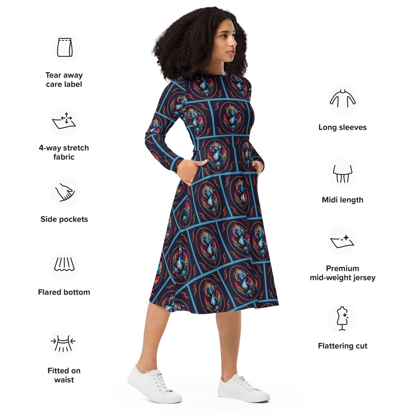 Vestido midi de manga comprida com impressão all-over