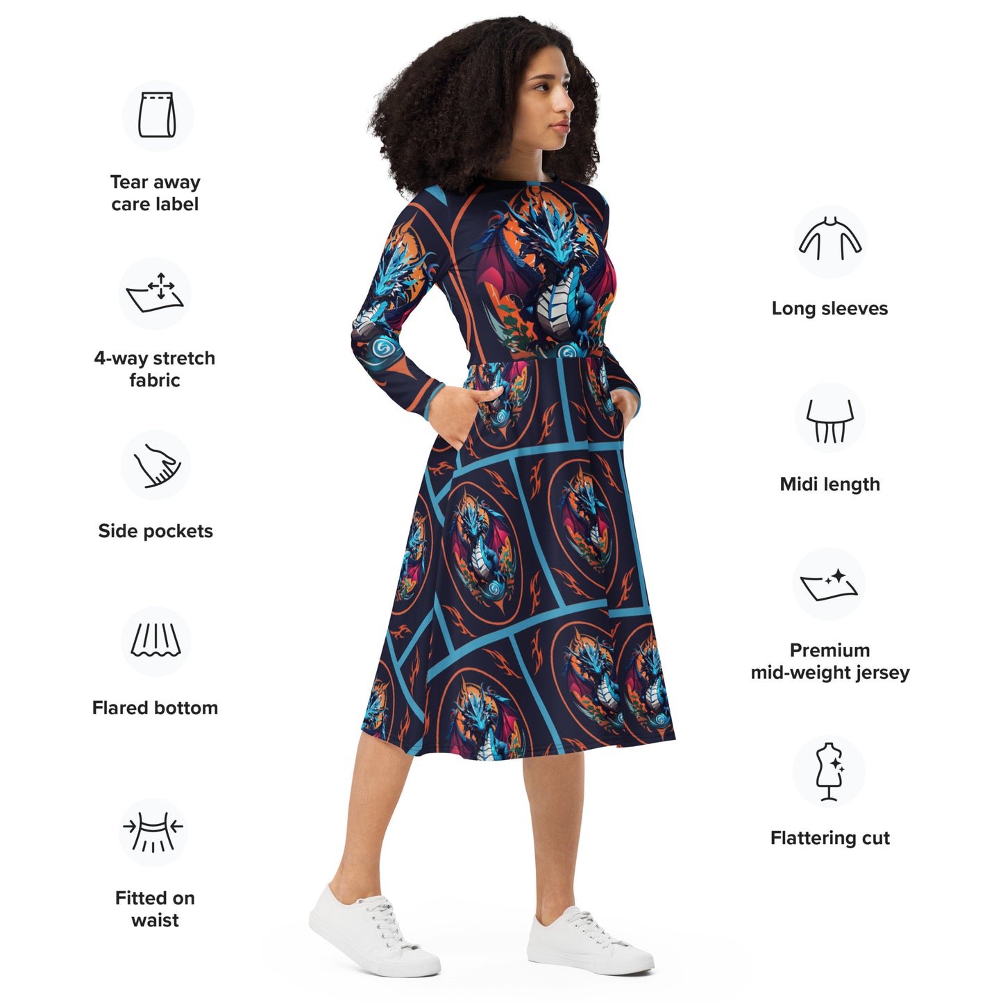 Vestido midi de manga comprida com impressão all-over