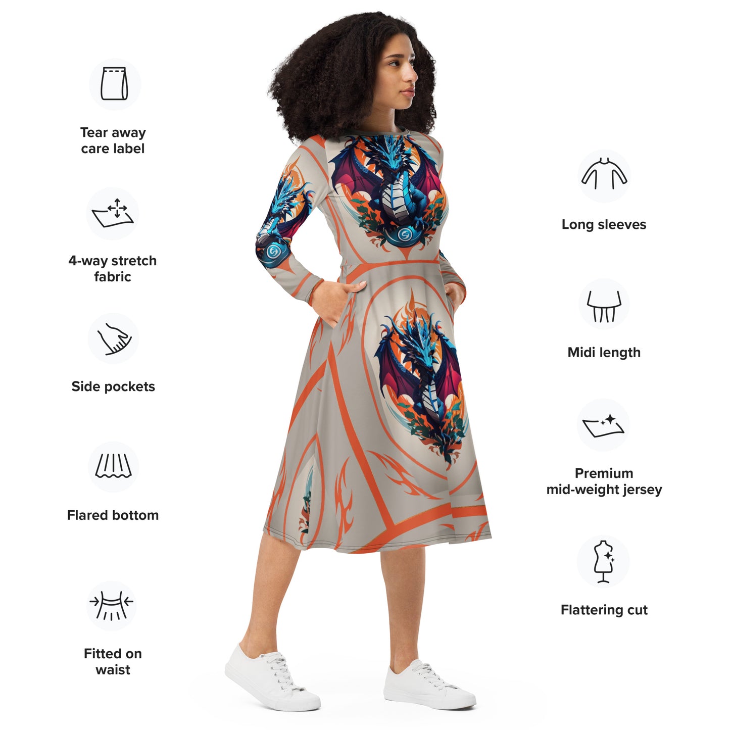 Vestido midi de manga comprida com impressão all-over
