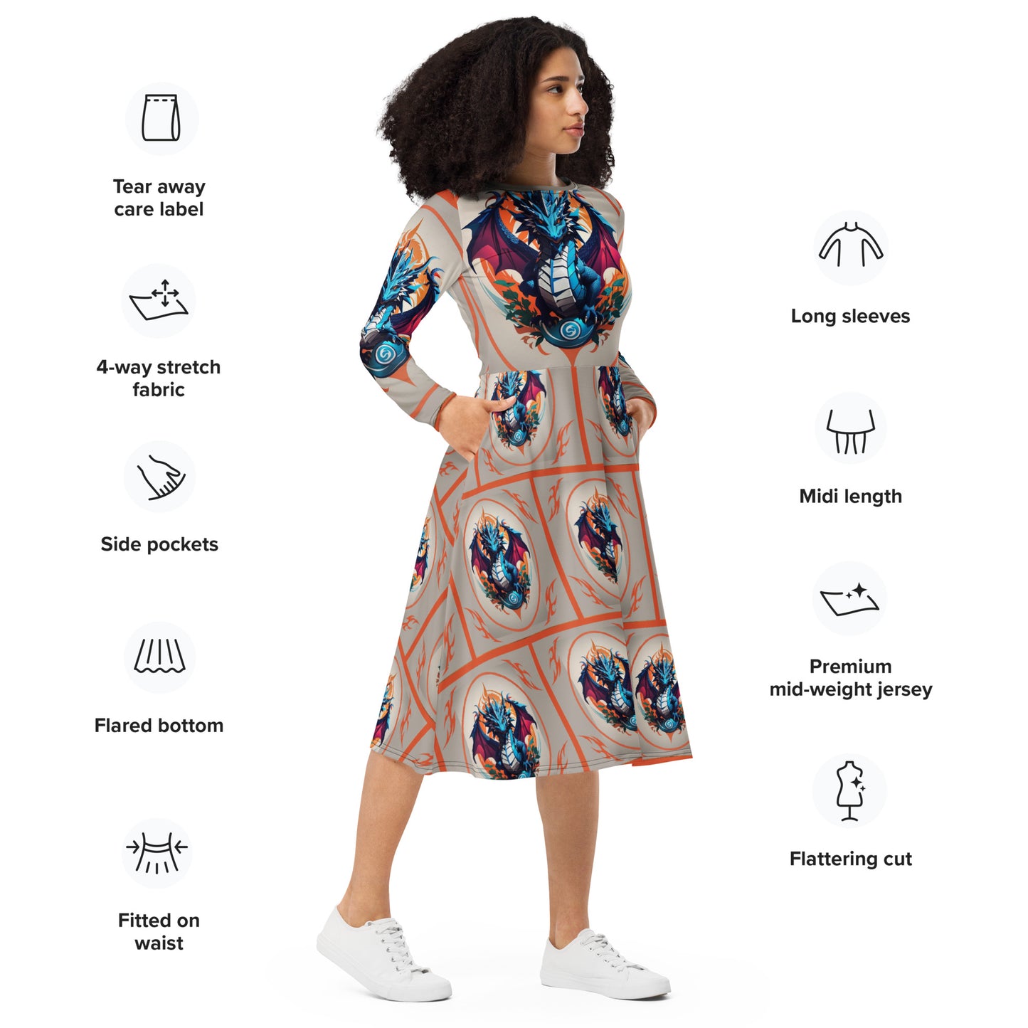 Vestido midi de manga comprida com impressão all-over