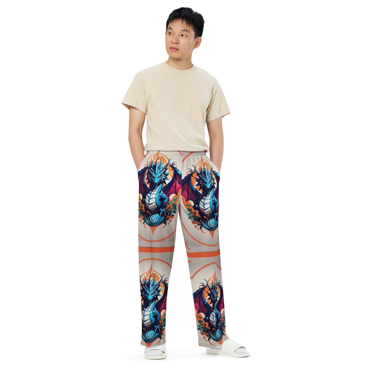 Calça wide leg unissex com impressão all-over