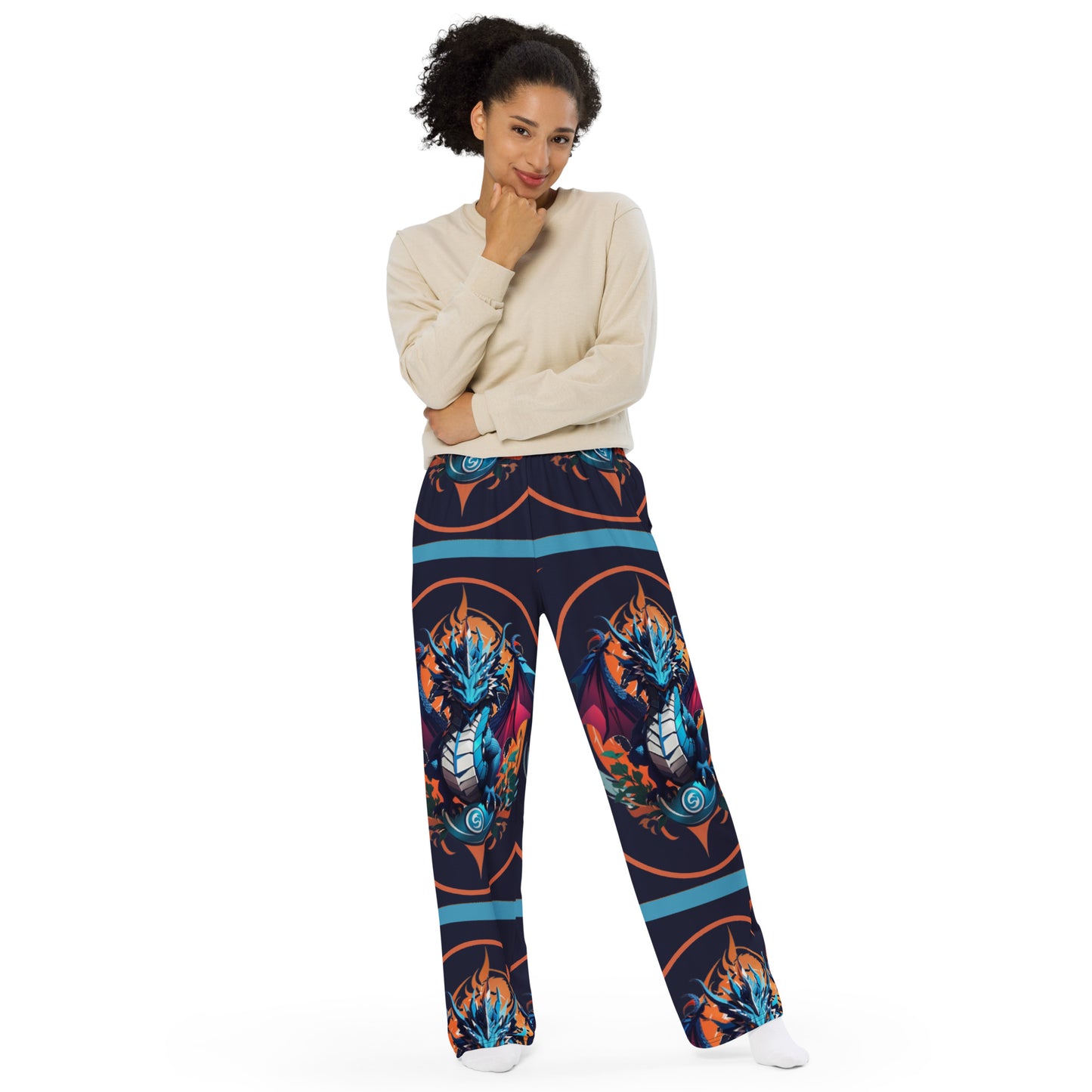 Calça wide leg unissex com impressão all-over