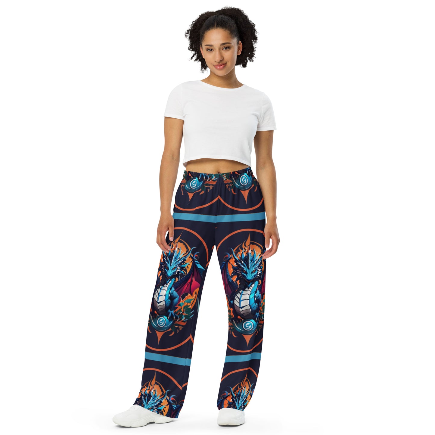 Calça wide leg unissex com impressão all-over