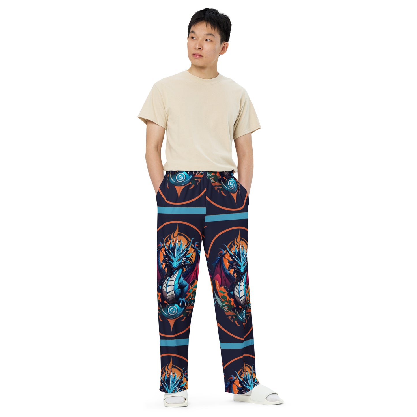Calça wide leg unissex com impressão all-over