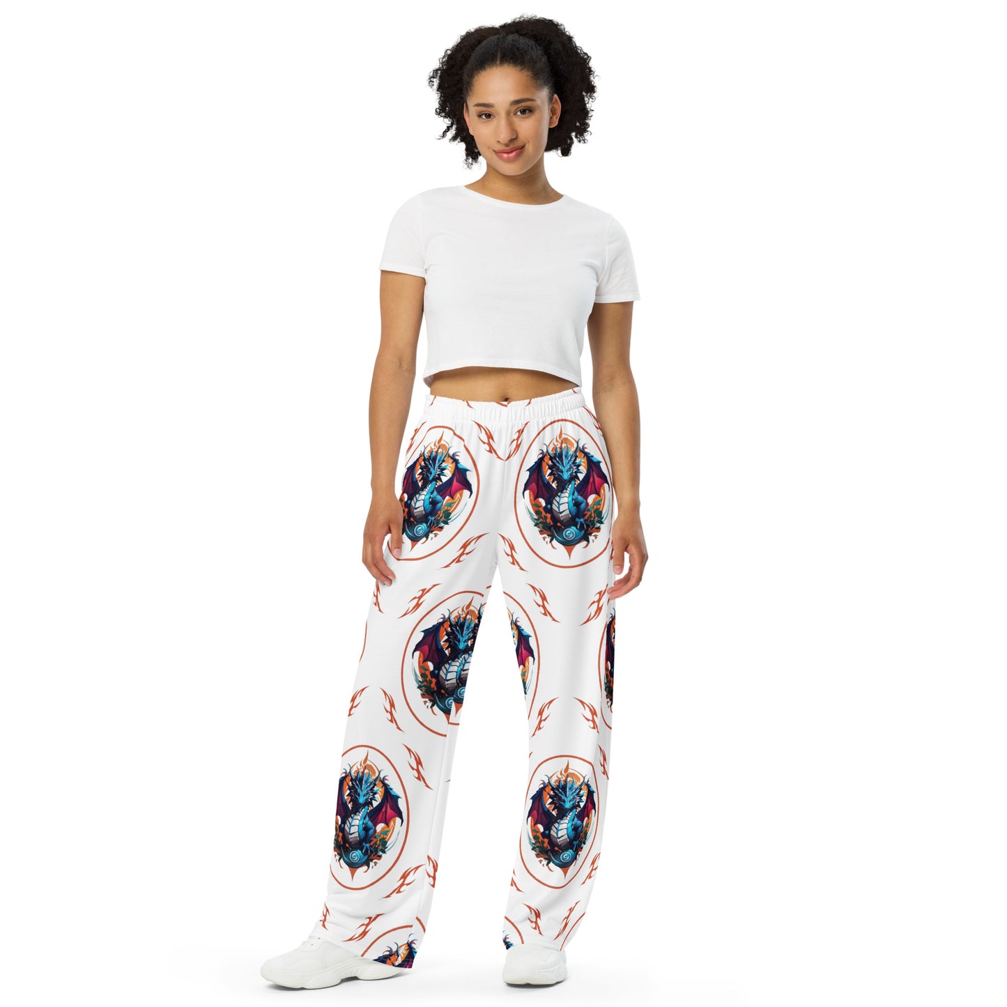 Calça wide leg unissex com impressão all-over