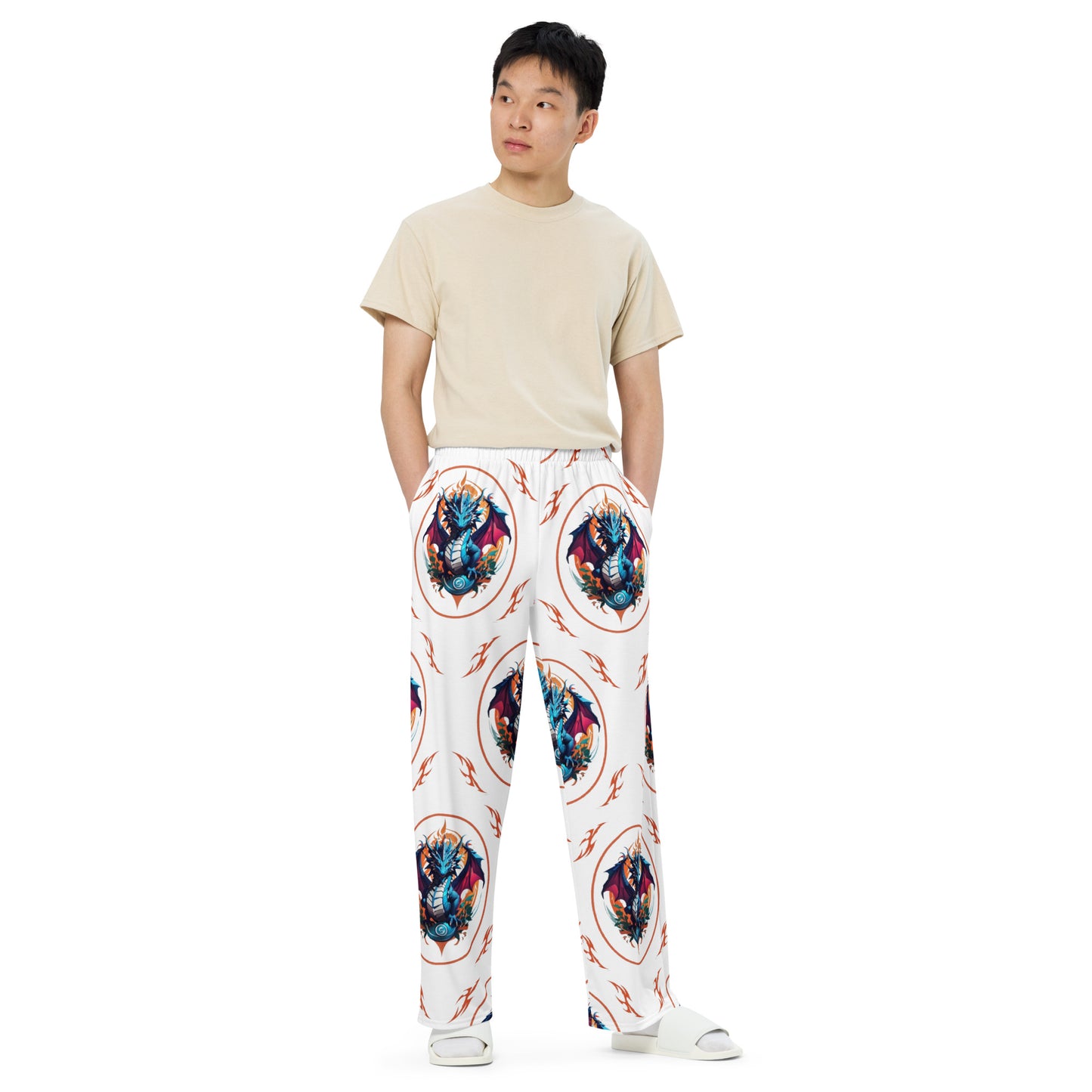 Calça wide leg unissex com impressão all-over