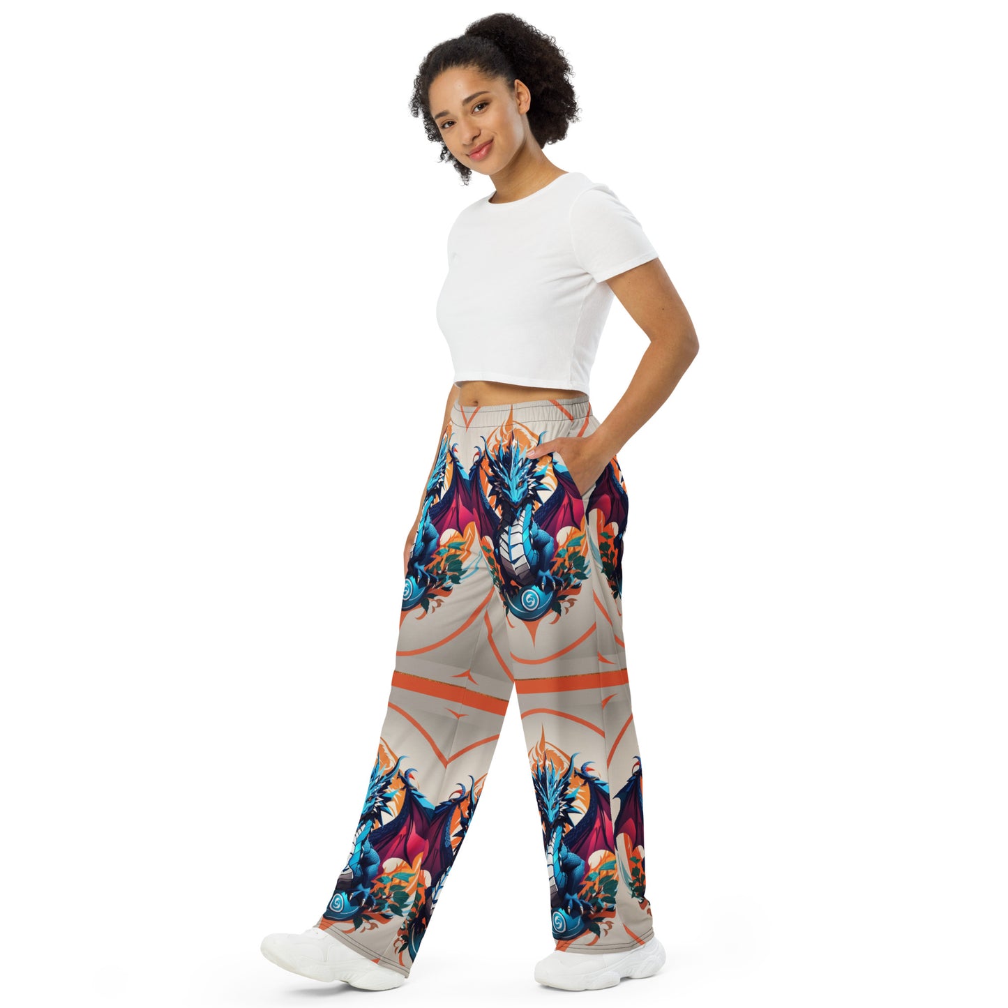 Calça wide leg unissex com impressão all-over