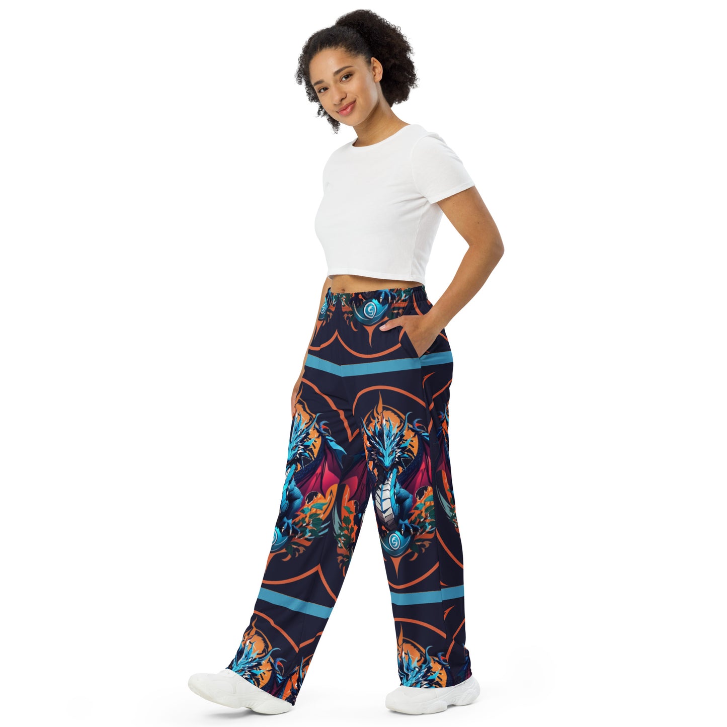 Calça wide leg unissex com impressão all-over
