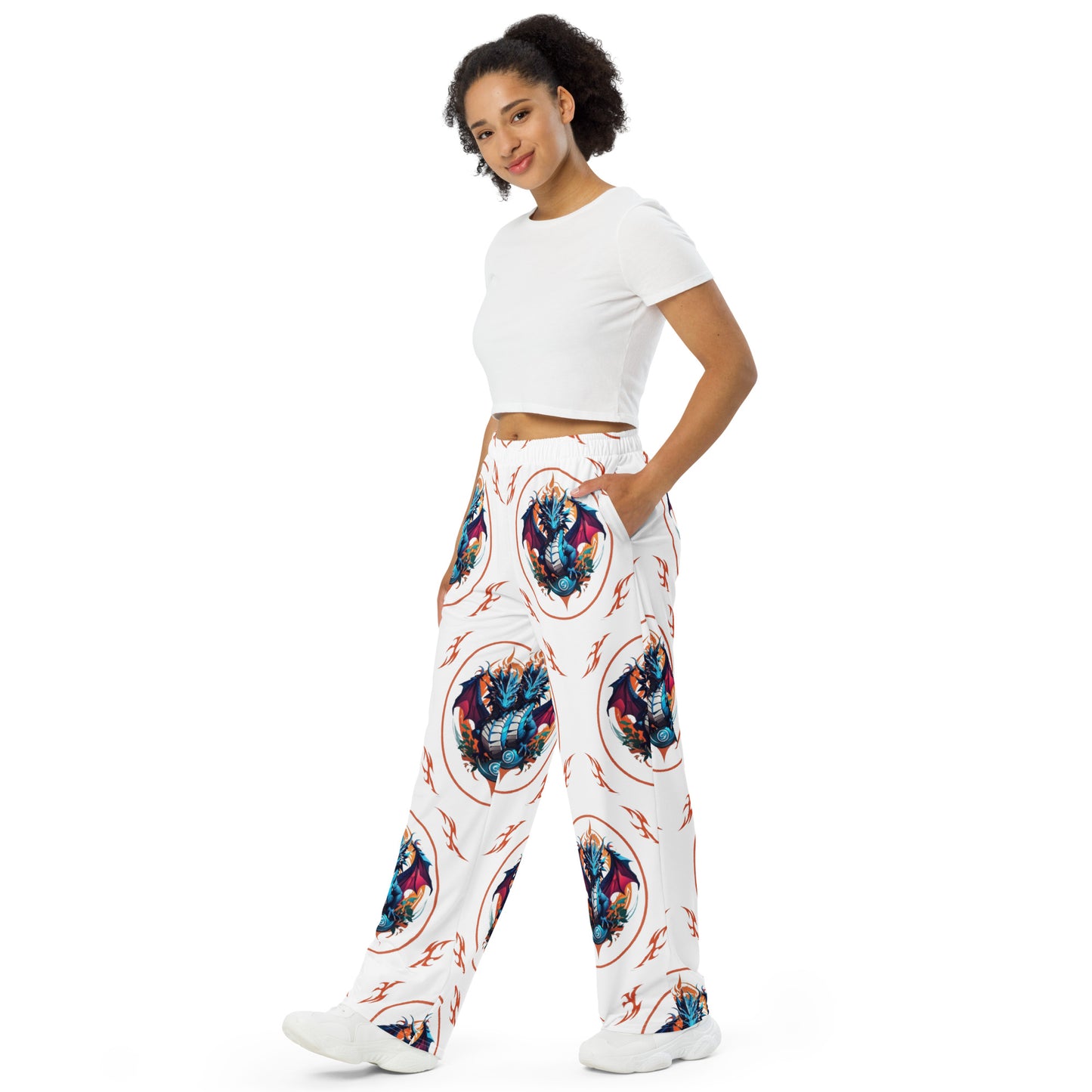 Calça wide leg unissex com impressão all-over