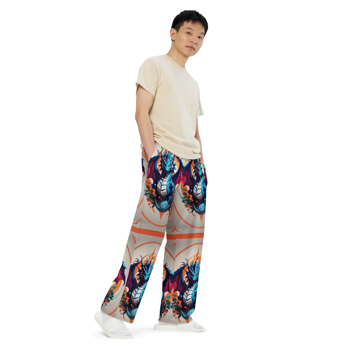 Calça wide leg unissex com impressão all-over